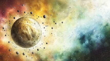 Colorful cosmic scene with planet and asteroids in a starry galaxy
