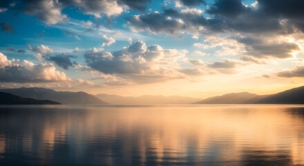 Obraz premium Serene Sunset over Mountain Lake