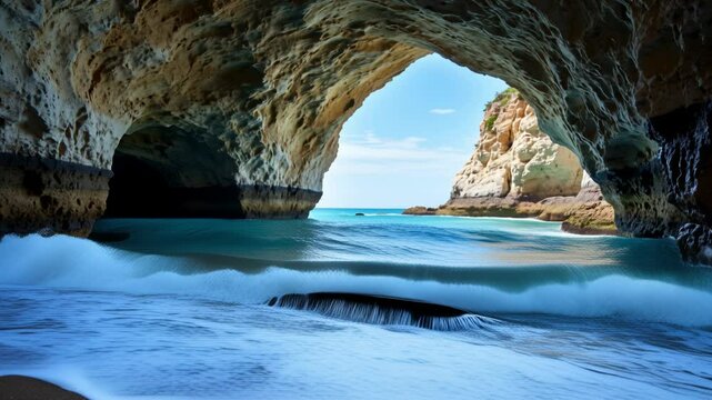 Sea cave emanates an enchanting aura, showcasing its captivating coastal gateway, electrifying turquoise waves, and awe-inspiring melding of earth and ocean