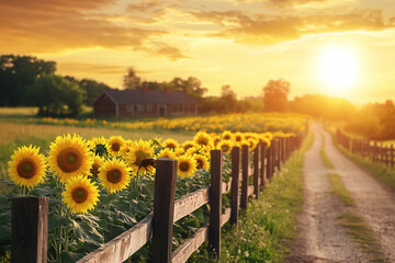 Obraz premium Idyllic farm scene with a dirt path, sunflowers, and a wooden fence stretching into the distance