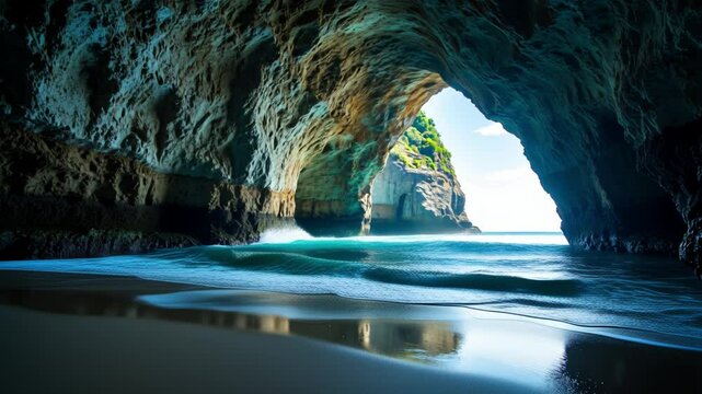 Sea cave emanates an enchanting aura, showcasing its captivating coastal gateway, electrifying turquoise waves, and awe-inspiring melding of earth and ocean