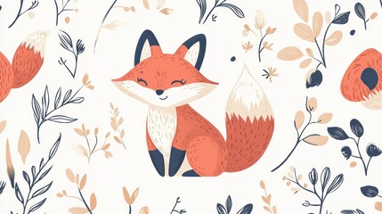 Cute fox in floral pattern background. Perfect for kids' design