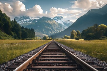 Fototapeta premium Railroad tracks leading towards majestic mountains in summer