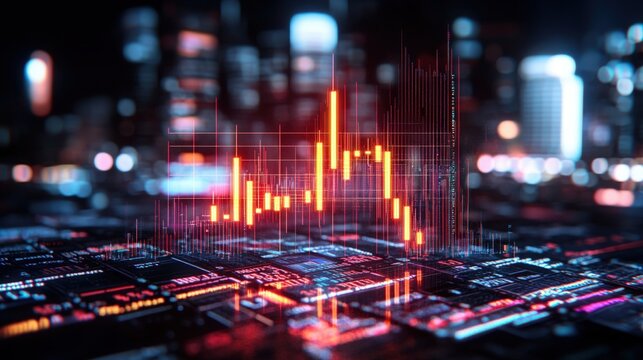 Dramatic descent of a red candlestick chart over a futuristic cityscape blending with a complex circuit board, depicting financial market trends vividly