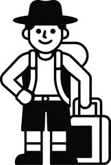 Traveler Black and White Line Art, Man with Backpack and Suitcase, Hat