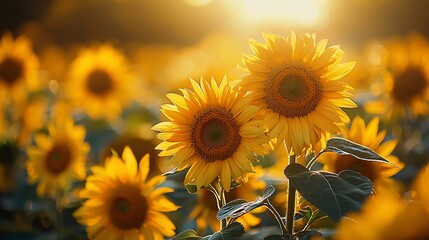 Fototapeta premium Two sunflowers in a field at sunset.