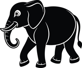 Walking Black Elephant Outline with Detailed Tusks and Striking Eye on White Background