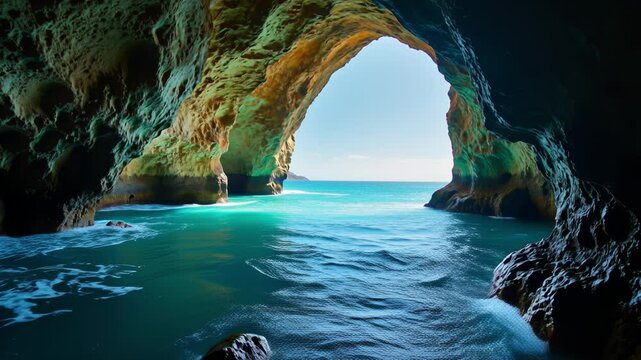 Sea cave emanates an enchanting aura, showcasing its captivating coastal gateway, electrifying turquoise waves, and awe-inspiring melding of earth and ocean