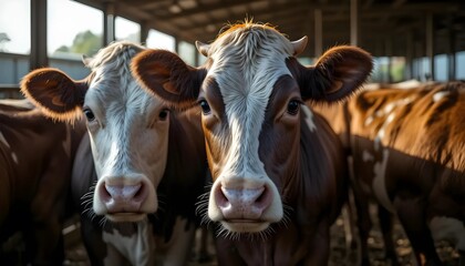Two Brown and White Cows in a Barn