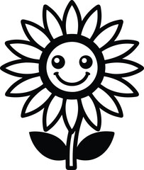 Cheerful Sunflower Icon Black and White Smiling Blossom with Stem and Leaves Design