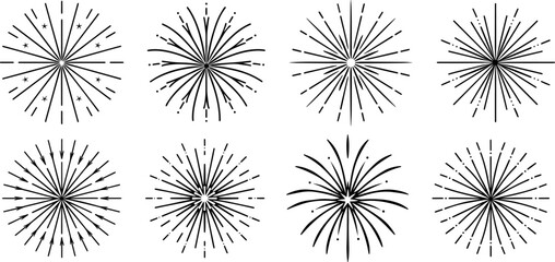 A set of fireworks line art vector illustration
