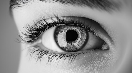 Obraz premium Close-up of a sharp-eyed pupil on a clean white canvas with sleek texture and legible text