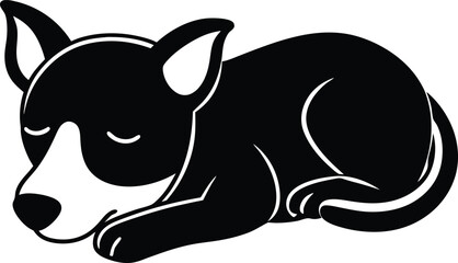 Stylized Silhouette of a Sleeping Puppy with Closed Eyes Curled Up on White Background