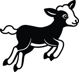Cartoon Black and White Lamb Leaping, Joyful Farm Animal Illustration, Playful Cute
