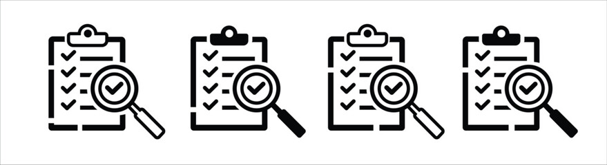 Checklist clipboard vector icon. Checklist clipboard in vector illustration. Four simple icons checklist document with a magnifying glass isolated in white background.