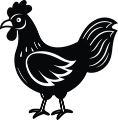 Isolated Black and White Chicken Silhouette, Farm Animal Icon, Simple Shape, Standing