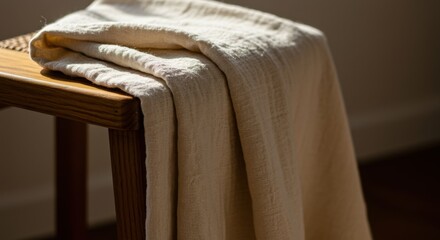 Cream Linen Draped on Wooden Stool in Sunlight: A Textural Study in Natural Light and Simple Aesthetics