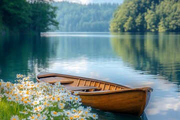 Wooden boat moored on a lake shore with blooming daisies