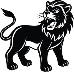 Roaring Black Lion Illustration, Angry Feline, Isolated Wild Animal, Silhouette