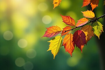 Fototapeta premium Colorful leaves on a branch with a tree in the background , colors, branch