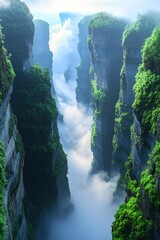 Misty mountain valley view, lush greenery, sheer rock cliffs and fog filling space