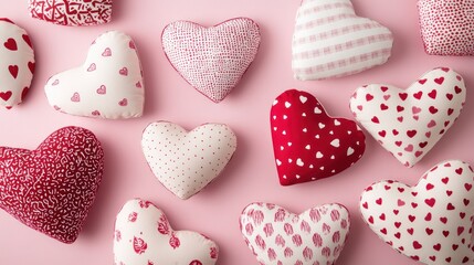 Pink background, red & white hearts, Valentine's Day, romantic flatlay