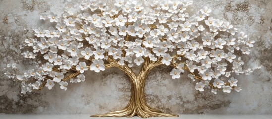 A stunning Golden Tree of Life mural rendered in exquisite 3D, featuring delicate white flowers. Set against a minimalist background, the intricate design  