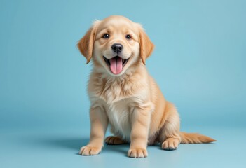 Fototapeta premium Adorable Golden Retriever Puppy Sitting and Smiling on a Blue Background