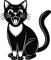 Cartoon Black Cat Sitting with Open Mouth, Smiling Cat Illustration, Feline