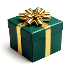 Obraz premium Green Gift Box with Gold Ribbon and Bow on White Background