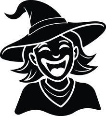 Cartoonish Smiling Witch with Black Hat, Open Mouth, Cheerful Expression, Costume