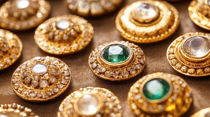 A soft-focus image of Islamic brooches sparkling under warm lighting.