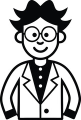 Smiling Man with Glasses and Spiky Hair in Outline Style, Wearing Lab Coat, Isolated