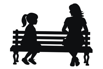 Mother daughter Sitting on a Park Bench Silhouette