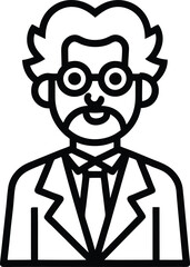 Professor Icon Crazy Hair, Beard, Glasses, Suit, and Tie in Black and White Outline