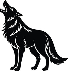 Silhouette Wolf Howling, Black and White, Isolated on White, Wild Animal