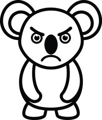 Cartoon Outline of a Grumpy Koala Bear with Angry Expression, Black and White
