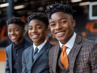 A group of three young boys in suits and ties posing for a picture