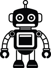 Naklejka premium Black and White Robot Silhouette. Isolated Standing Retro Bot, Cute Toy Clipart