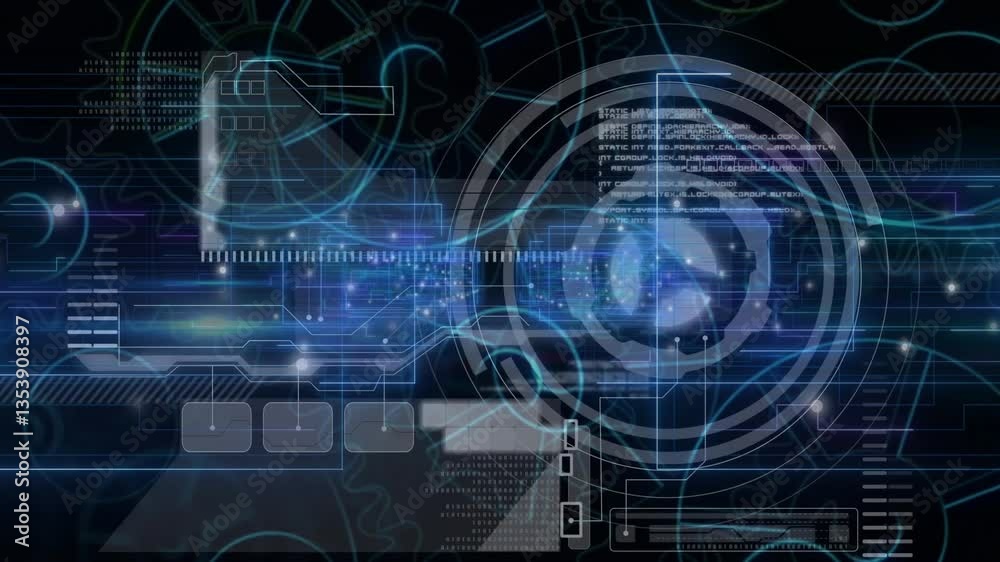 Poster animation of glowing blue lines and data processing elements in futuristic interface