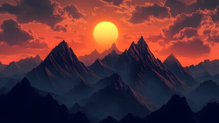 Majestic Mountains at Sunset: A dramatic landscape where mountain peaks are silhouetted against a vivid sky ablaze with the setting sun, creating a stunning vista.