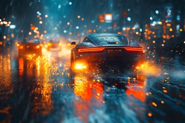 A sleek futuristic sports car hurtling down a night-time motorway. Generative AI