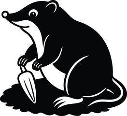 Naklejka premium Silhouette of Mole Holding Shovel on Dirt Mound Black and White Icon, Isolated