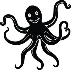 Stylized Black Octopus Silhouette with Tentacles and Smiling Face on White Background