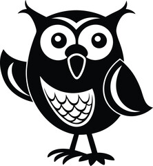 Stylized Black and White Owl Illustration, Cartoonish Bird with Big Eyes Design