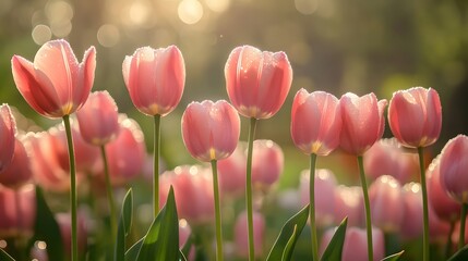 Blossoming Tulips in Sunshine: Capturing the elegance and vitality of pink tulips in a garden, bathed in warm sunlight and adorned with a bokeh effect.