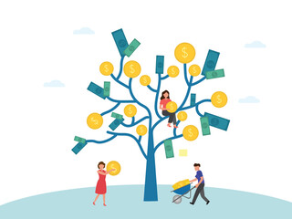 Characters picking golden coin from green tree with many coins . money coin investment and profit concept.