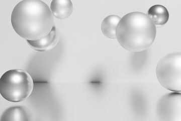 Floating Silver Metallic Spheres on Reflective Minimalist Surface