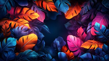 Vibrant tropical leaves frame dark background.