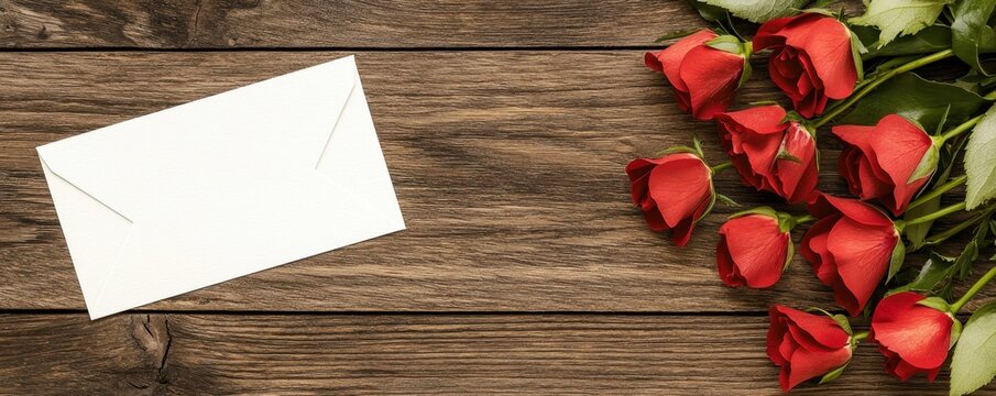 A romantic composition featuring red roses beside a blank envelope on a wooden surface, perfect for expressing love or sending heartfelt messages.